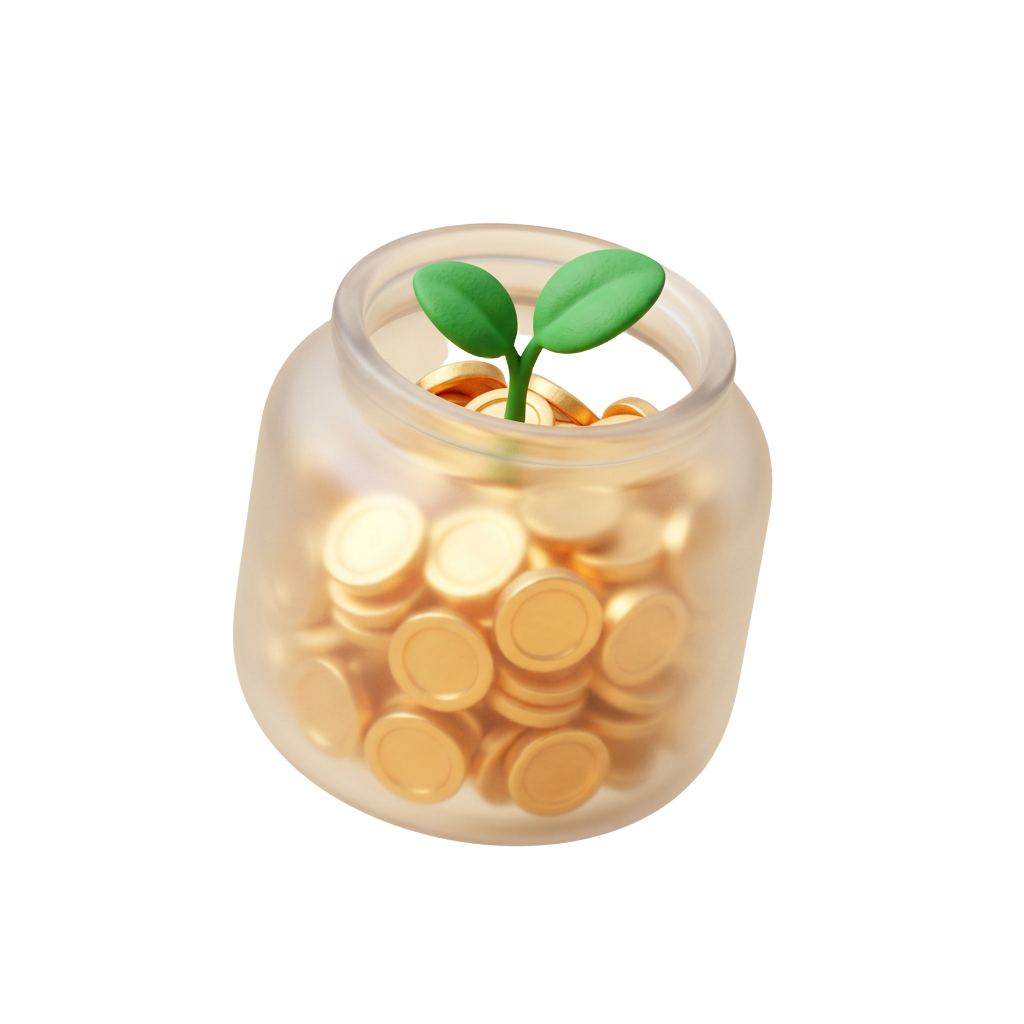 Illustration of a glass savings jar sprouting a leaf — money set aside in named buckets, growing toward a goal